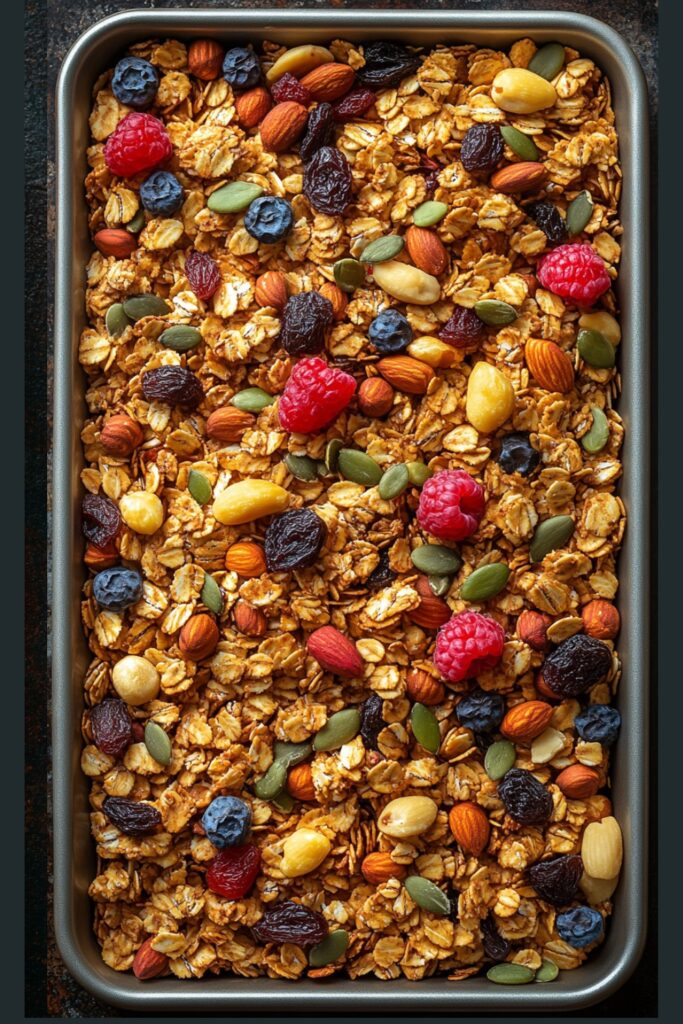 a baking tray of golden homemade granola with nuts, seeds, and dried fruits.