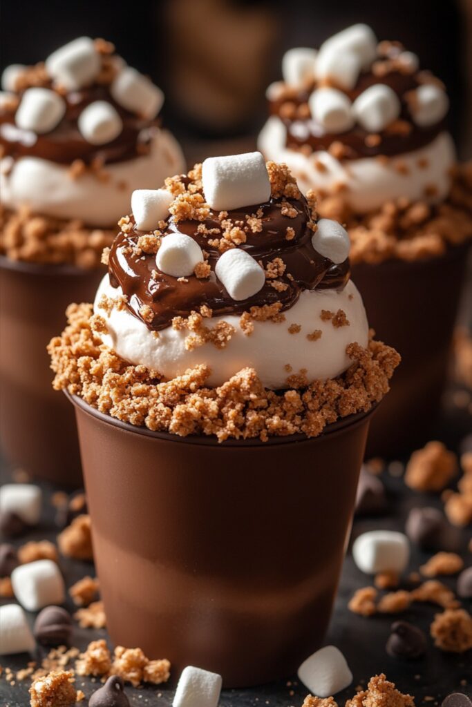 A decadent Marshmallow & Chocolate Crumble Cup with gooey chocolate, soft marshmallow, and crispy crumble, placed on a rustic wooden table with scattered chocolate chunks.