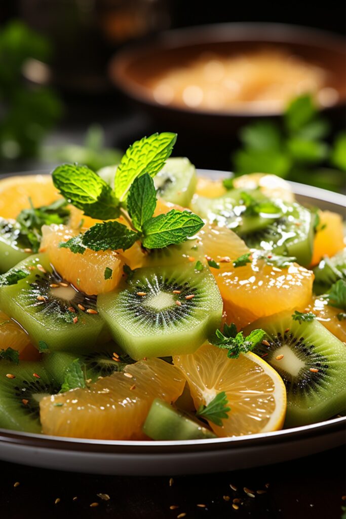 A beautifully arranged kiwi melon mint salad with shredded coconut and pomegranate seeds, styled for a fresh and colorful Pinterest image.

