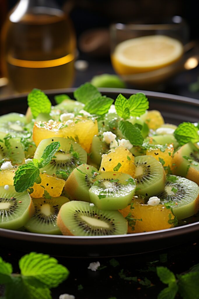 A vibrant kiwi and melon salad with fresh mint, showcasing juicy textures and a refreshing summer feel.