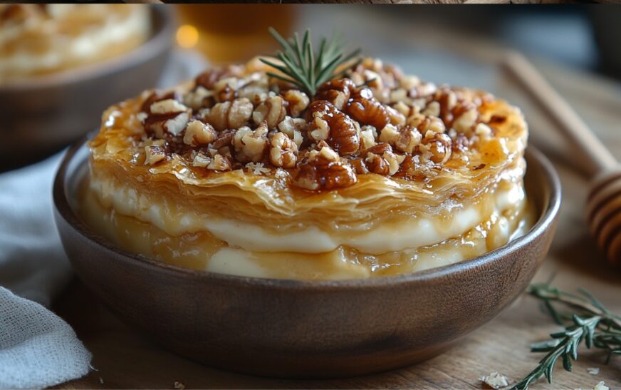 Elegant Layered Honey & Walnut Baklava Parfait served in a glass cup, showcasing layers of crispy phyllo crumbles, spiced walnut honey filling, and creamy yogurt, topped with a drizzle of golden honey and chopped walnuts.