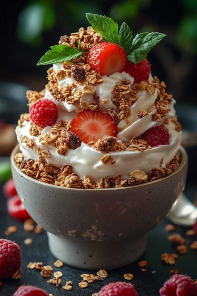 a parfait with layers of vegan yogurt, granola, and fresh berries in a clear glass.