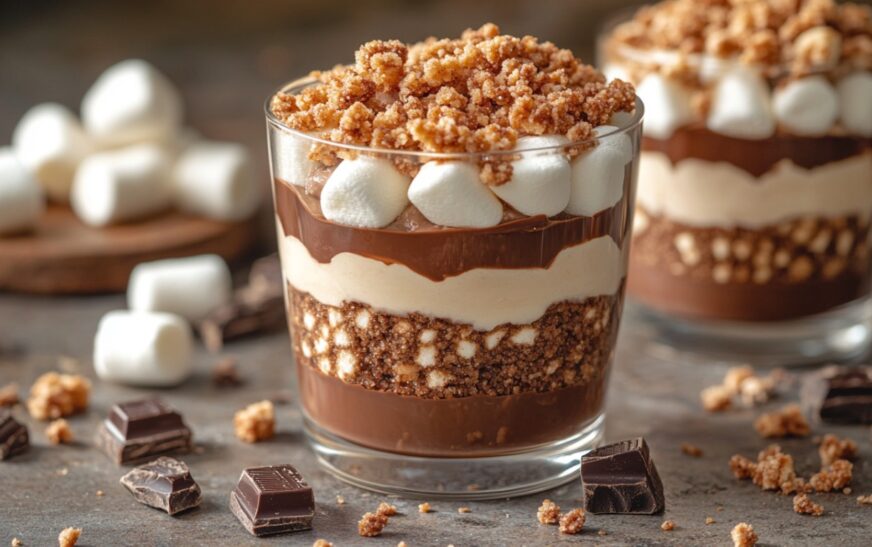 A rich Marshmallow & Chocolate Crumble Cup served in an elegant dish, featuring layers of melted chocolate, fluffy marshmallow, and a golden crumble topping.