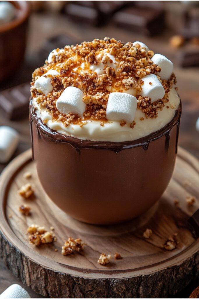 A beautifully styled Marshmallow & Chocolate Crumble Cup in a dessert glass, with layers of chocolate, marshmallow, and crumble, against a bright and elegant background.