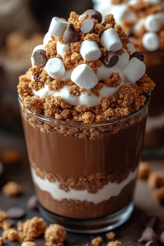 A beautifully styled Marshmallow & Chocolate Crumble Cup in a dessert glass, with layers of chocolate, marshmallow, and crumble, against a bright and elegant background.