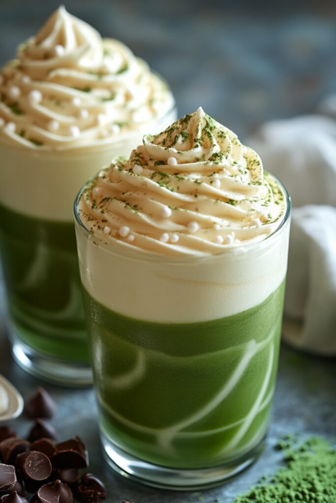 Two stylish glasses of Matcha & White Chocolate Layered Mousse, highlighting alternating layers of creamy white chocolate mousse and vibrant green matcha mousse, elegantly garnished with white chocolate curls and a dusting of matcha powder.