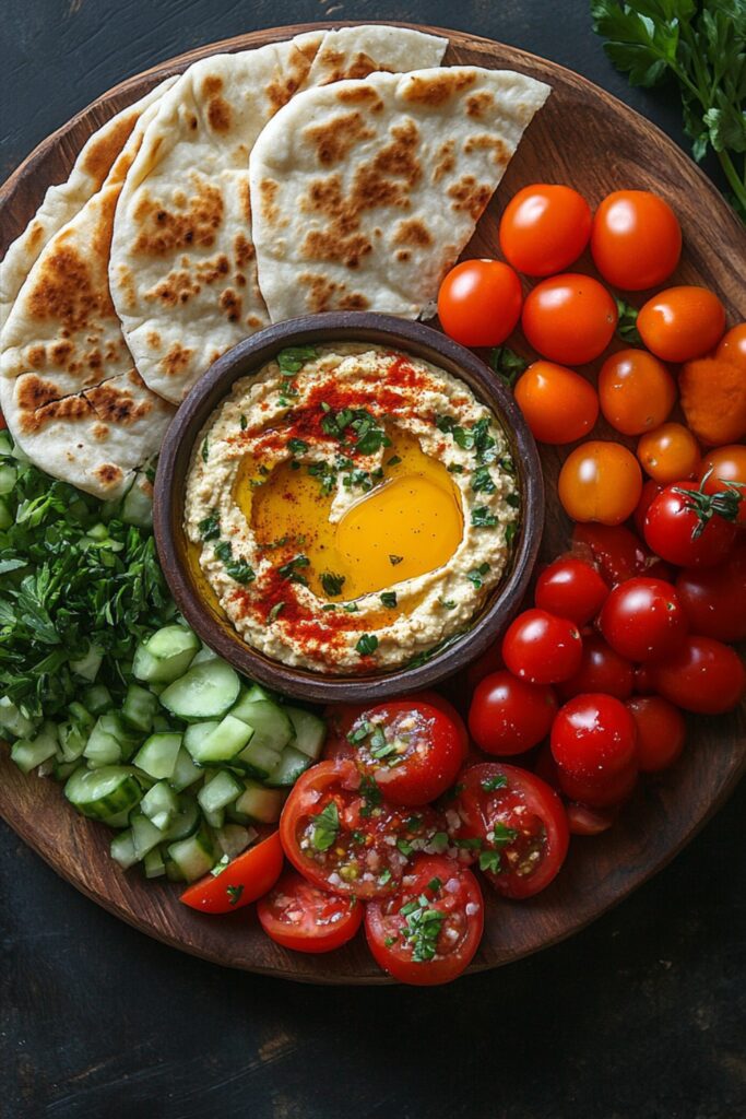 A Mediterranean breakfast platter featuring hummus, pita bread, and fresh veggies.