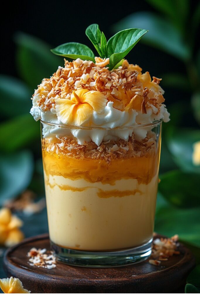 A beautifully styled Passion Fruit & Coconut Cream Dessert in a tall glass, highlighting smooth passion fruit and coconut layers, garnished with fresh passion fruit seeds and a drizzle of coconut cream.

