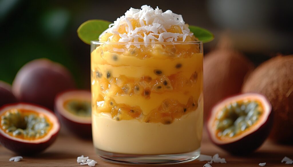 A beautifully styled Passion Fruit & Coconut Cream Dessert in a tall glass, highlighting smooth passion fruit and coconut layers, garnished with fresh passion fruit seeds and a drizzle of coconut cream.

