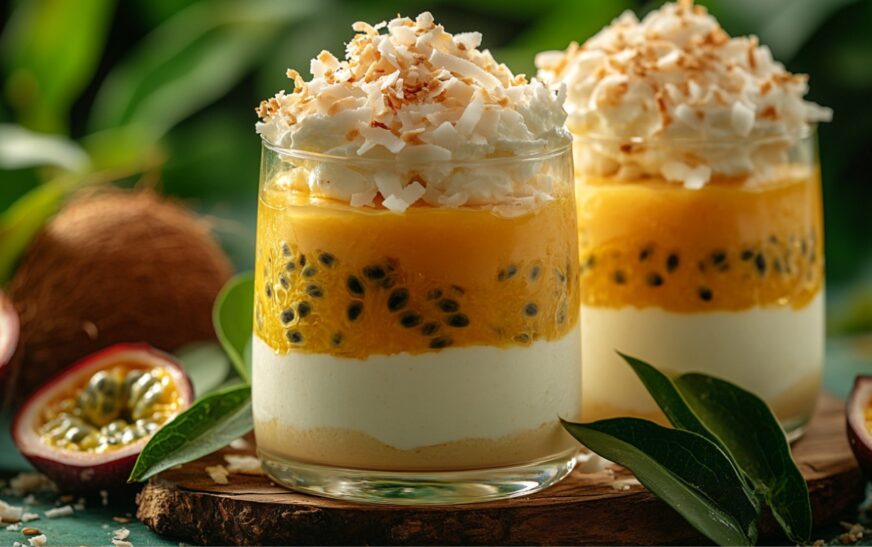 Elegant Passion Fruit & Coconut Cream Dessert served in a glass, showcasing luscious layers of tropical passion fruit mousse and creamy coconut, topped with fresh passion fruit pulp and coconut flakes.