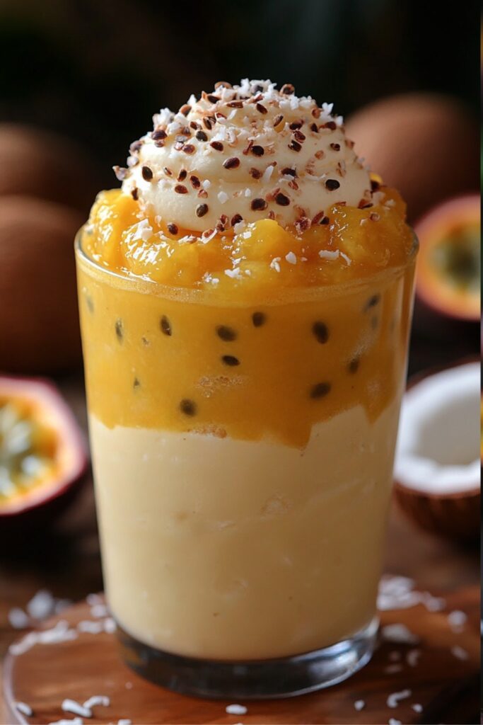 A beautifully styled Passion Fruit & Coconut Cream Dessert in a tall glass, highlighting smooth passion fruit and coconut layers, garnished with fresh passion fruit seeds and a drizzle of coconut cream.

