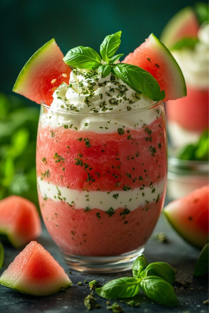 Watermelon & Yogurt Parfait served in a stylish glass, highlighting its vibrant layers, accompanied by fresh watermelon pieces and basil for a summery, refreshing look.