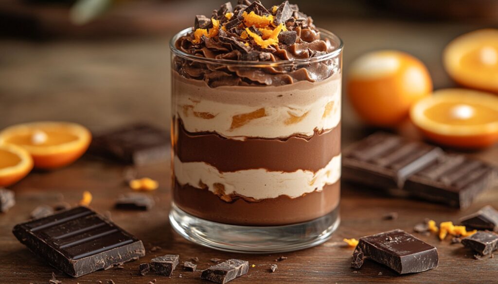 Rustic-style Chocolate Orange Layered Mousse in an elegant glass, showcasing velvety chocolate mousse, citrusy orange custard, and a biscuit base, topped with whipped cream and a chocolate drizzle.