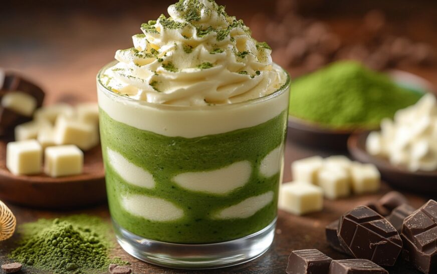 Rustic-style Matcha & White Chocolate Layered Mousse in an elegant glass, showcasing silky white chocolate mousse, rich matcha mousse, and a delicate garnish of whipped cream and white chocolate curls.