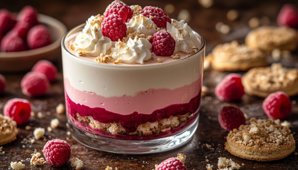 Rustic-style White Chocolate & Raspberry Layered Mousse in an elegant glass, showcasing silky white chocolate mousse, tangy raspberry mousse, and a biscuit base, topped with whipped cream, white chocolate curls, and a fresh raspberry.