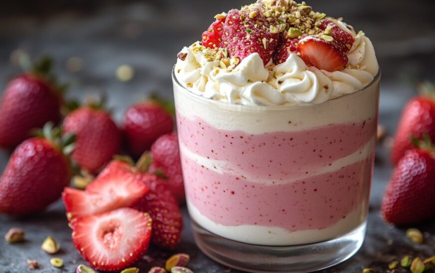 Elegant Strawberry & Pistachio Layered Mousse served in a glass cup, featuring layers of creamy pistachio mousse and vibrant strawberry mousse, garnished with fresh strawberries, crushed pistachios, and white chocolate shavings.