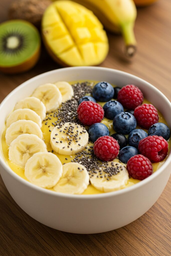 A colorful Tropical Superfood Energy Bowl topped with bananas, berries, and coconut, presented on a rustic wooden table.