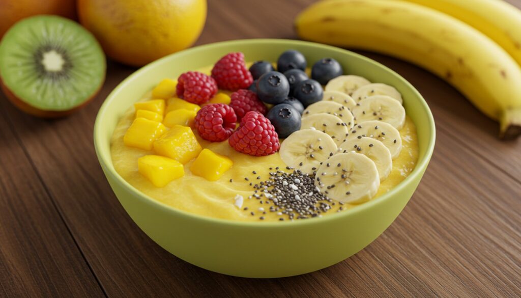 Image of a tropical superfood energy bowl with mango, pineapple, shredded coconut, and chia seeds, served in a coconut bowl on a wooden table .