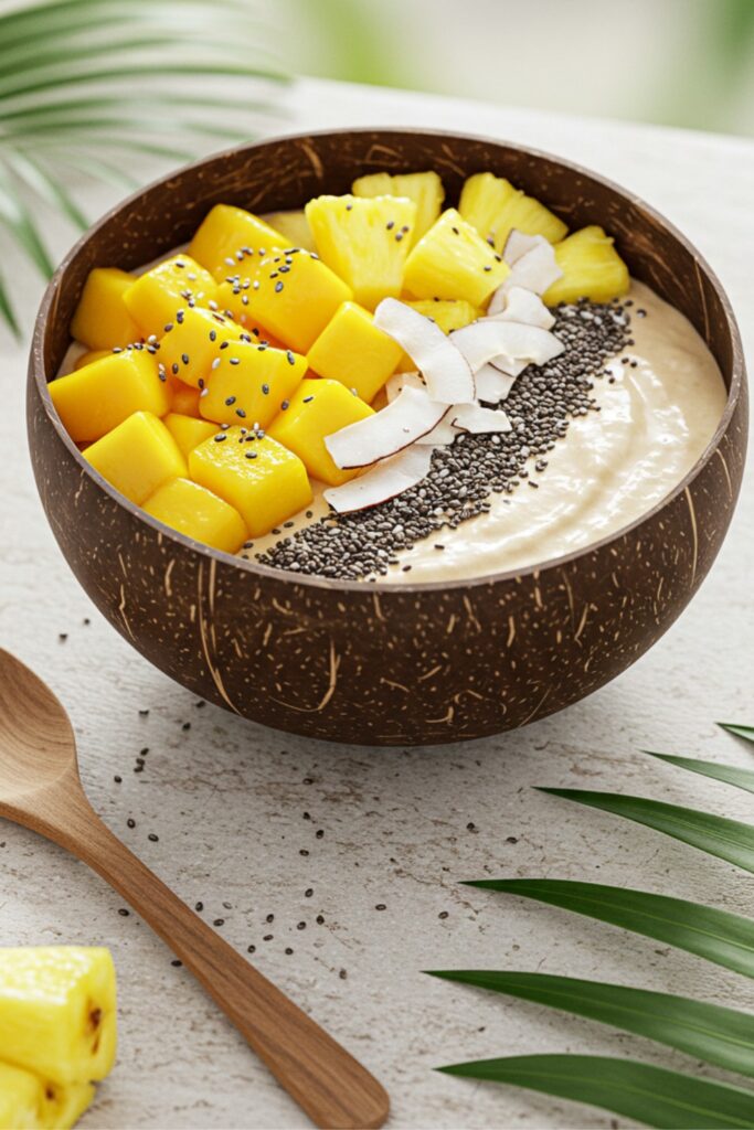 A vibrant tropical superfood energy bowl filled with fresh mango chunks, juicy pineapple, shredded coconut, and chia seeds, served in a coconut bowl with a smooth, creamy base. Bright, refreshing, and healthy, with a tropical background.