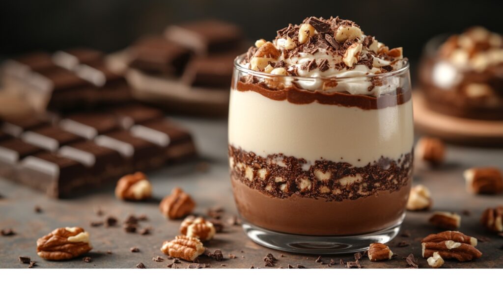 A stylish glass of Vanilla & Chocolate Layers with Crushed Nuts, showcasing alternating layers of silky vanilla mousse and rich chocolate cream, topped with crushed nuts and chocolate curls.