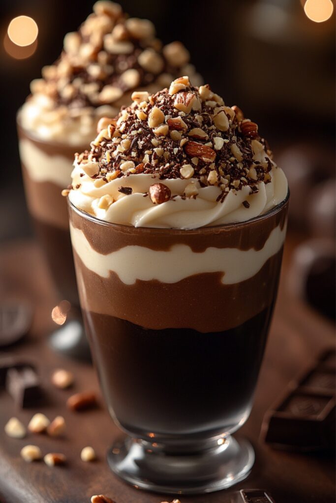 A stylish glass of Vanilla & Chocolate Layers with Crushed Nuts, showcasing alternating layers of silky vanilla mousse and rich chocolate cream, topped with crushed nuts and chocolate curls.