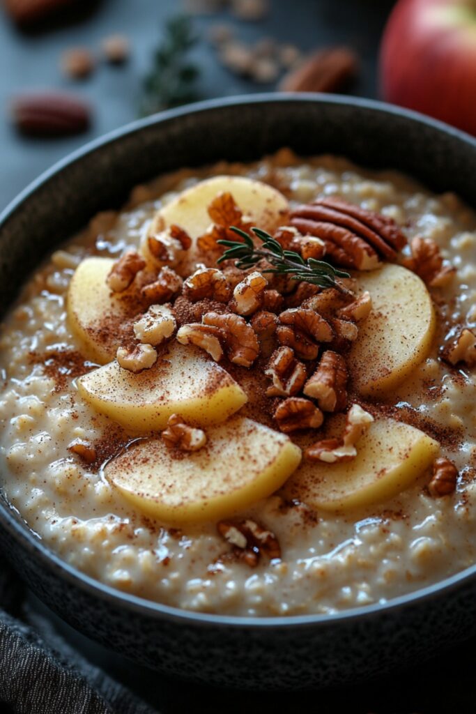 A bowl of oatmeal topped with warm cinnamon apples and a sprinkle of nuts.