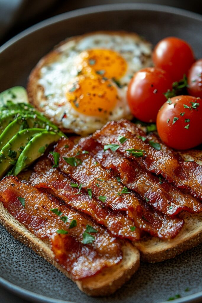 crispy vegan bacon strips on a breakfast plate with toast and avocado.