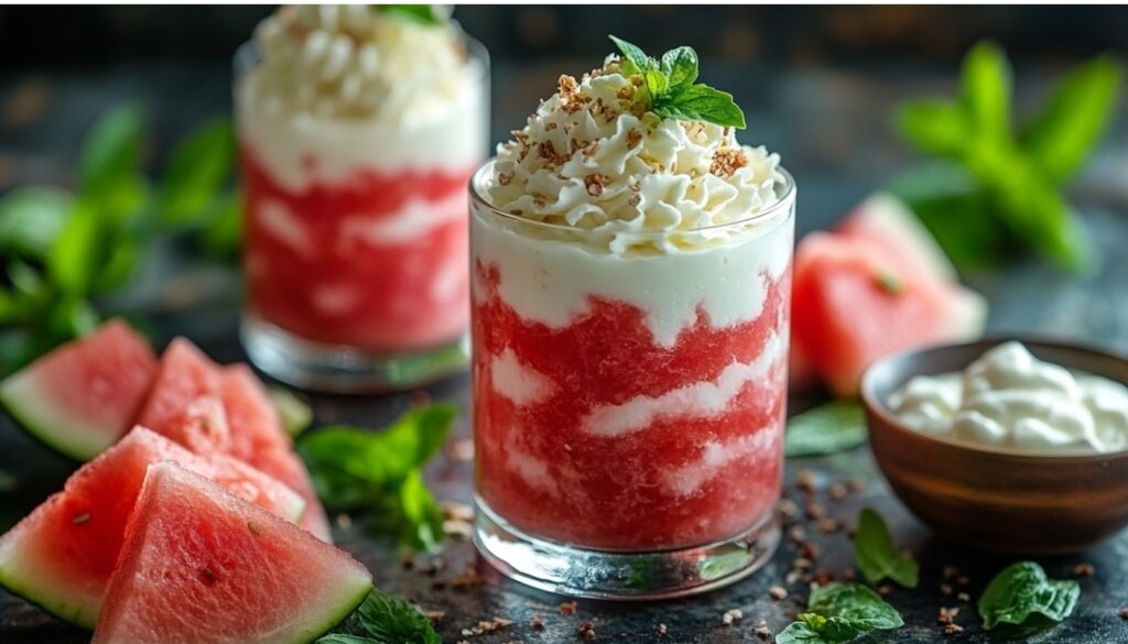 Watermelon & Yogurt Parfait in a clear glass with layers of watermelon purée and creamy yogurt, garnished with fresh basil, served with watermelon slices on a bright surface.