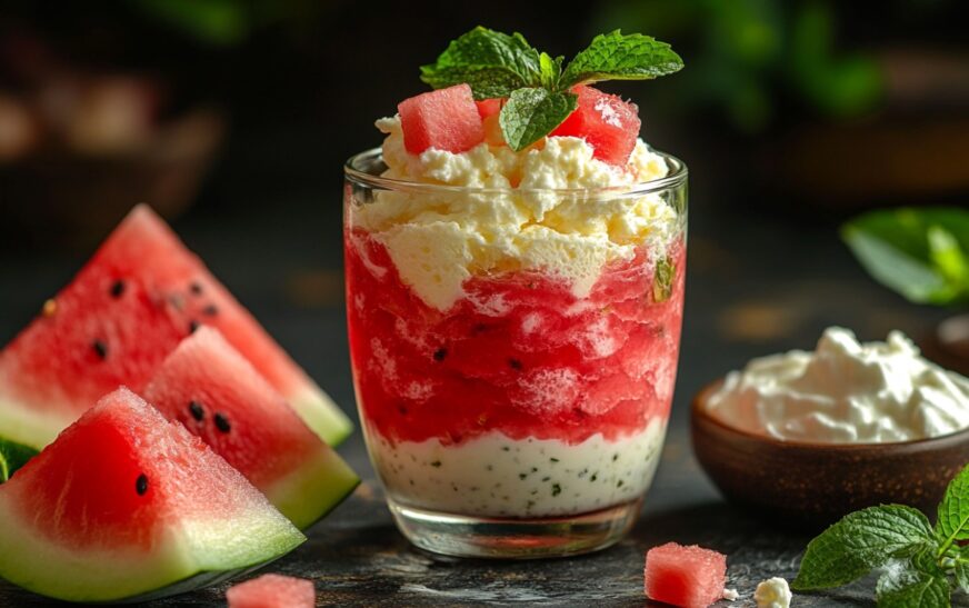 Refreshing Watermelon Yogurt Parfait with Basil Infused Yogurt