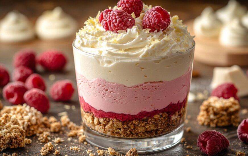 Elegant White Chocolate & Raspberry Layered Mousse served in a glass cup, featuring layers of white chocolate mousse, raspberry mousse, and a biscuit crumble base, garnished with fresh raspberries, white chocolate shavings, and lemon zest.