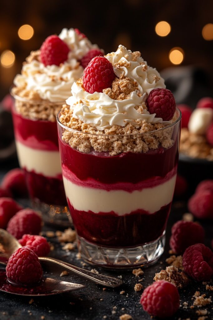 Two stylish glasses of White Chocolate & Raspberry Layered Mousse, highlighting alternating layers of creamy white chocolate mousse, vibrant raspberry mousse, and a crunchy biscuit base, elegantly garnished with fresh raspberries and white chocolate curls.